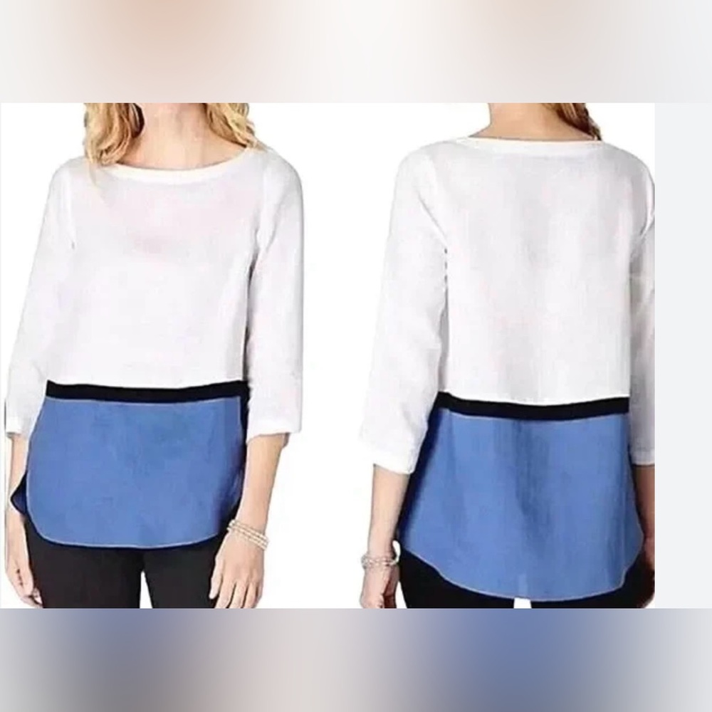 J.Jill Linen Top Sz L Colorblock White Blue 100% Linen 3/4 Sleeve EUC